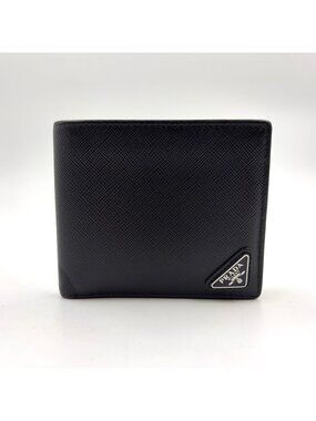 Prada Saffiano Leather Triangle Logo Black Bifold Wallet